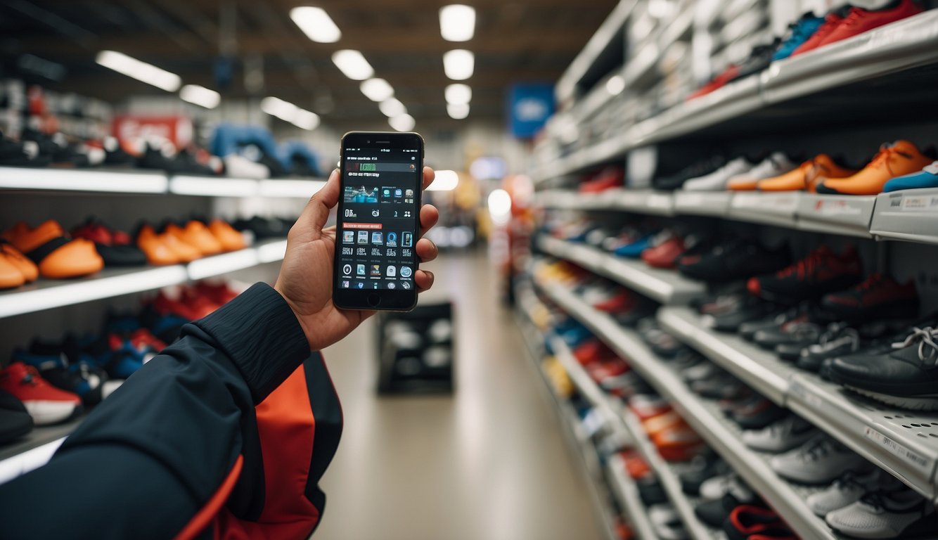 A customer uses a smartphone to check Sports Direct stock while browsing through a variety of sports equipment and clothing in a well-organized and brightly lit store