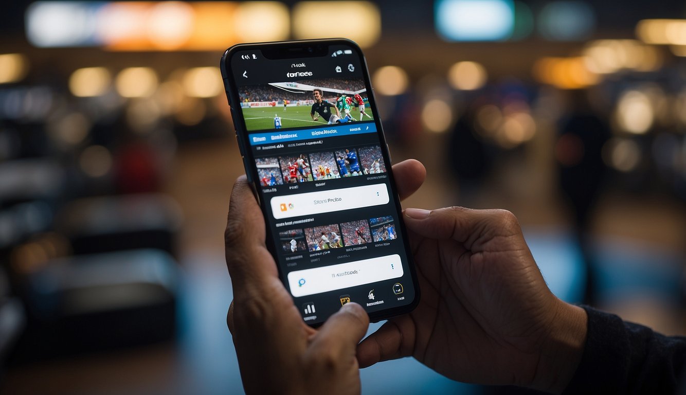 A person using a smartphone to access the Sports Direct website, searching for the "Check Stock" option, and viewing real-time stock availability for a specific product