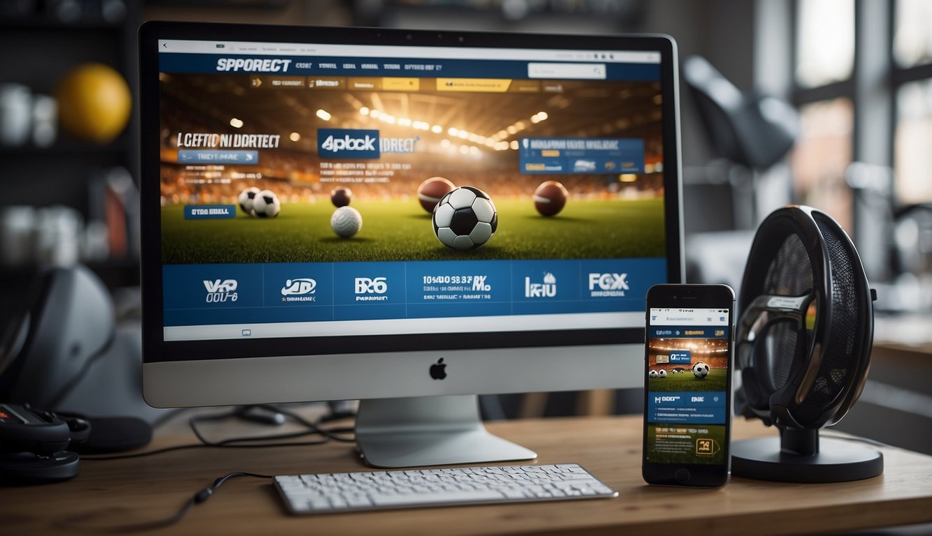 A computer screen displaying the Sports Direct website with a search bar for checking stock availability. Various sports equipment and apparel visible in the background