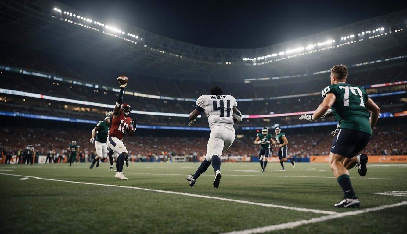 Players and athletes compete in a stadium and on a digital screen, showcasing the similarities between physical sports and virtual games