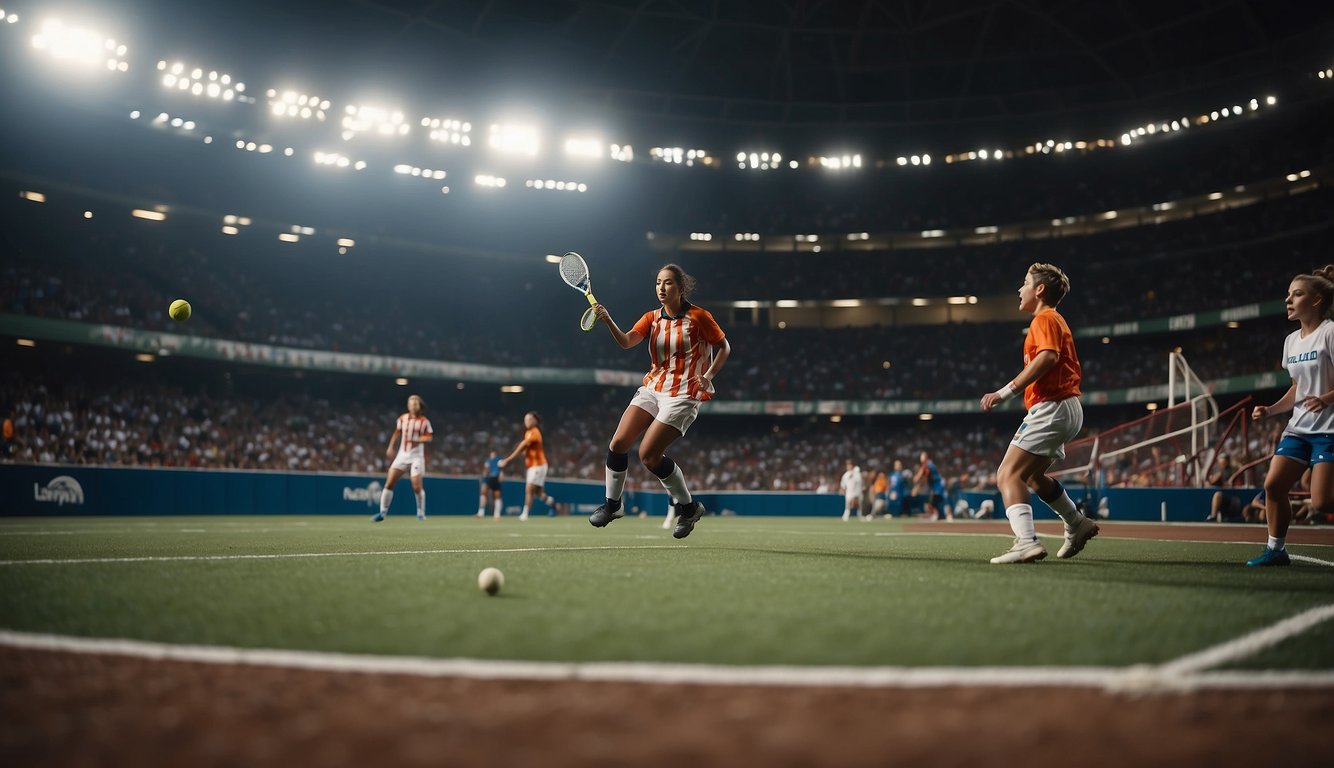 Players compete in a stadium, using equipment like balls, rackets, and goals. The atmosphere is intense, with spectators cheering and teams strategizing