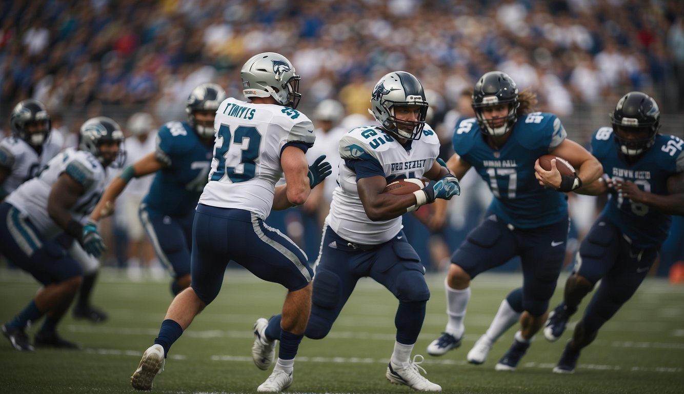 Players compete in a stadium, using equipment. Teams strategize and execute plays, aiming to score points. Fans cheer and support their favorites