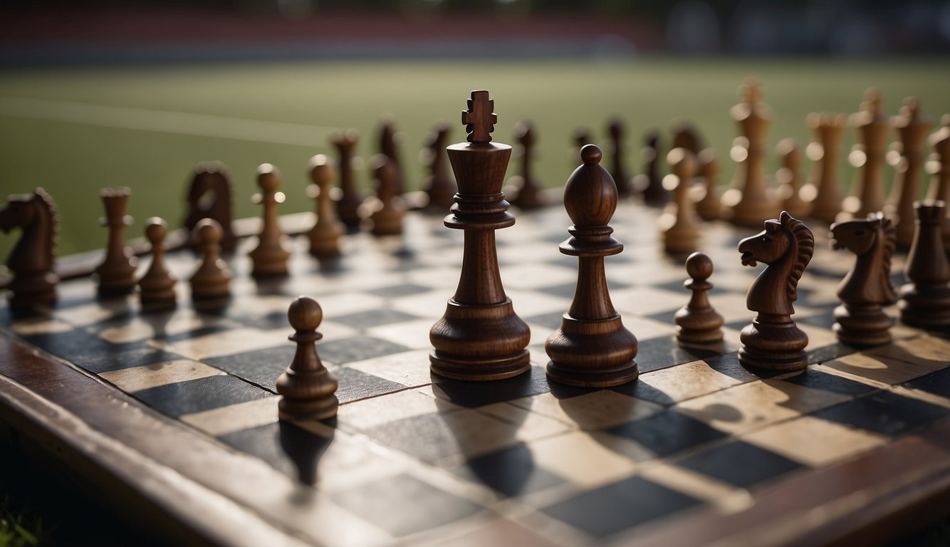 A chess board and a soccer field side by side, with players strategizing and using skill in their respective games