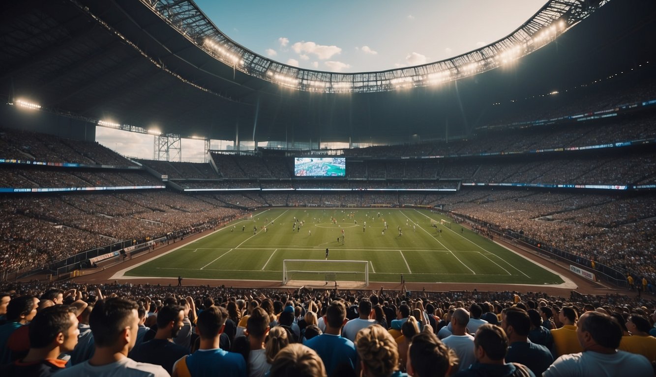 A stadium filled with cheering fans, as players compete in both traditional sports and video games, showcasing the cultural and societal impact similarities between the two