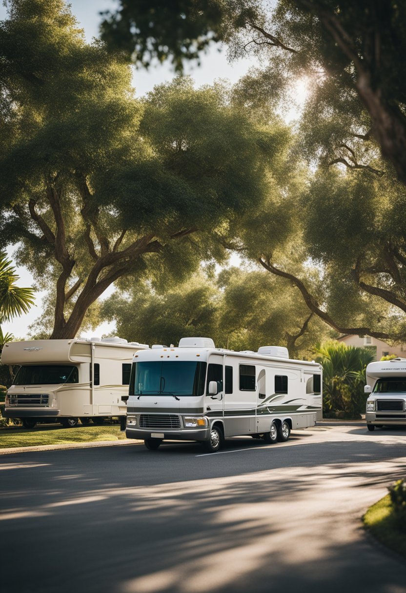 The scene depicts a serene RV park with lush greenery, spacious parking spots, a community clubhouse, sparkling swimming pool, and well-maintained amenities
