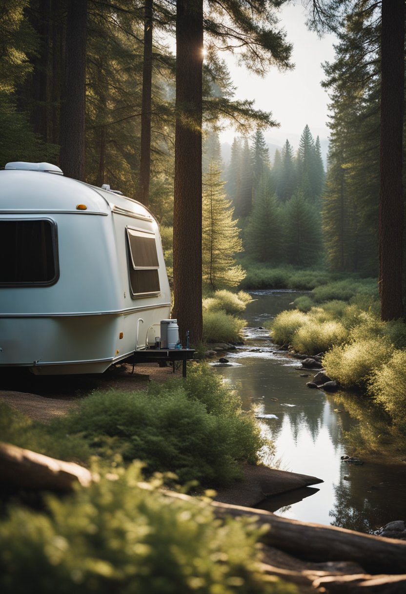 A serene forest setting with RVs nestled among tall trees and a peaceful stream running through the campground