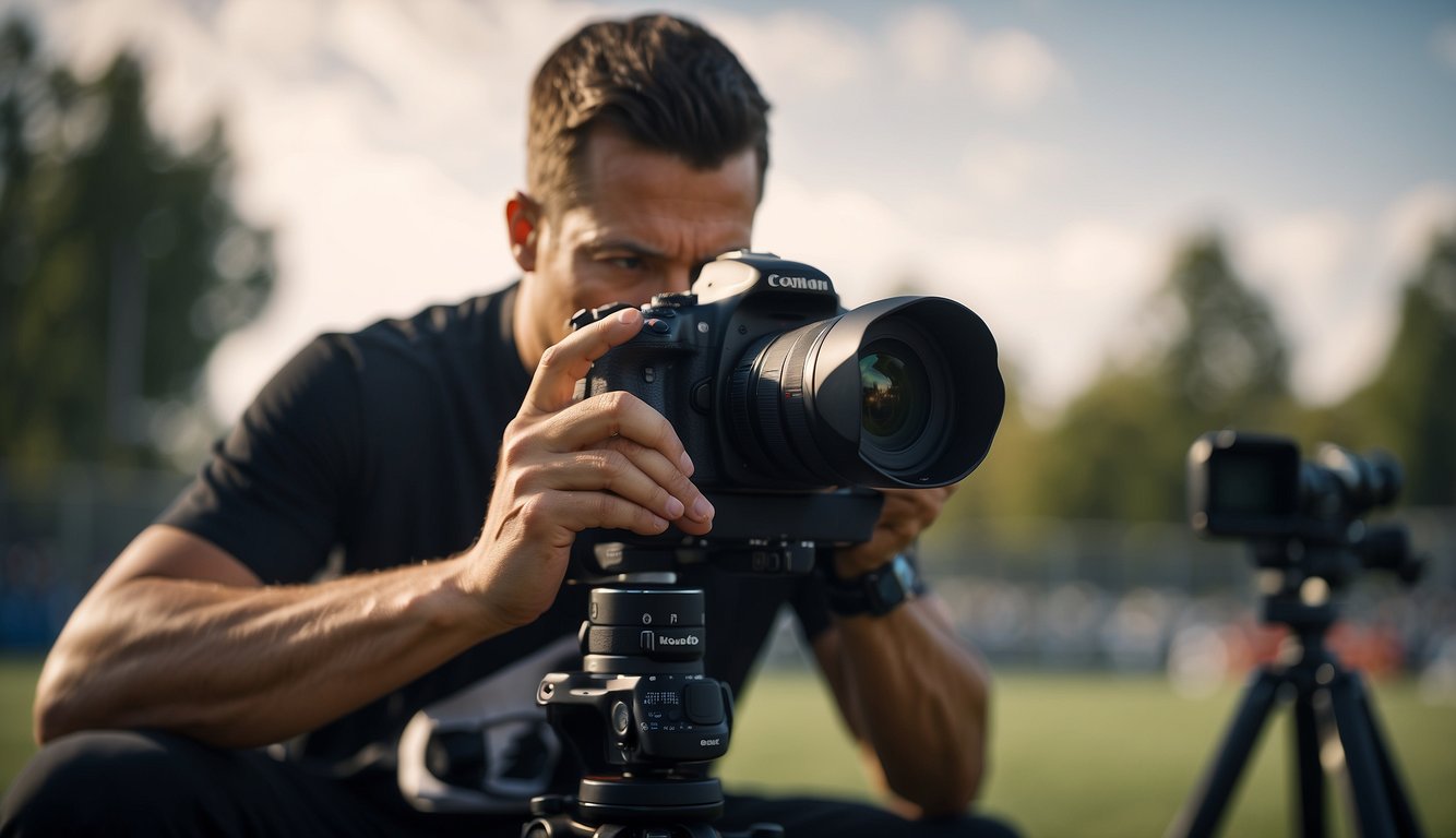 A sports photographer adjusts camera settings with focus on fast action and precise moments