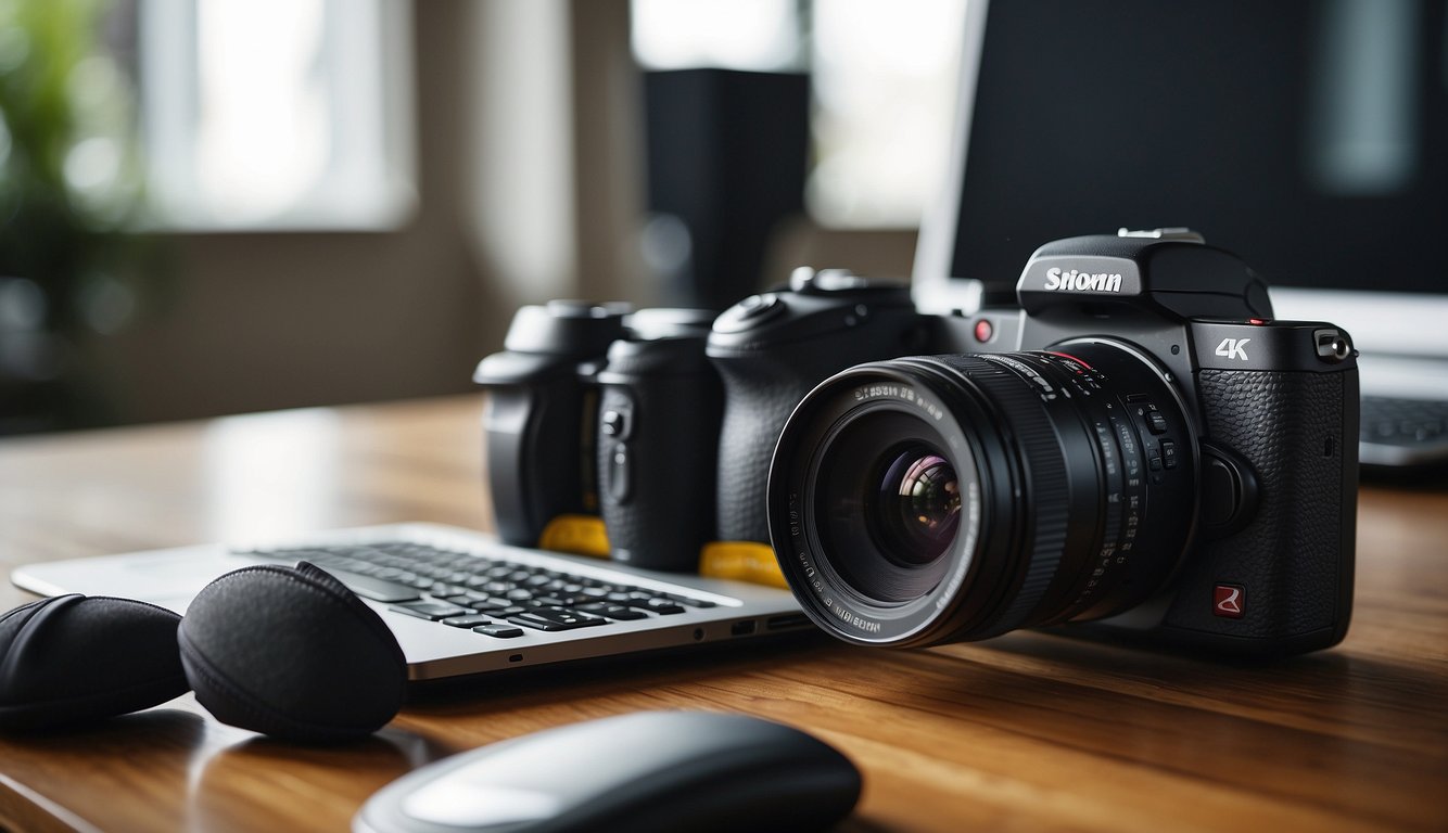 A sports photography camera sits on a table, connected to a laptop and smartphone, symbolizing connectivity and sharing