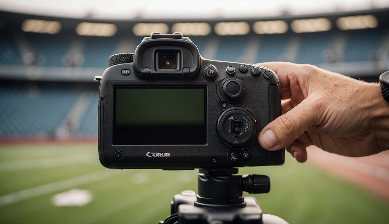 A sports photographer's hands adjusting settings on a beginner-friendly camera, with a stadium or field in the background