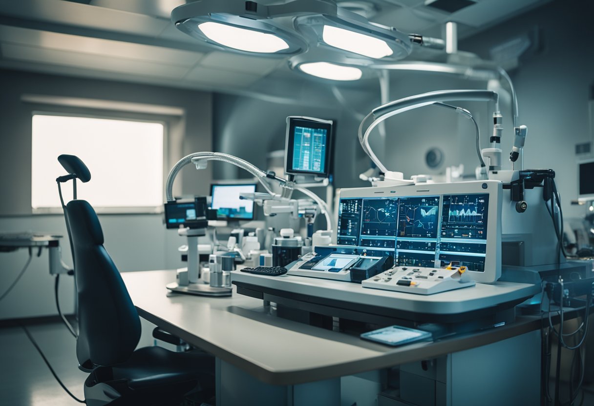 A table with endoscopy equipment, monitors, and medical tools in a well-lit room