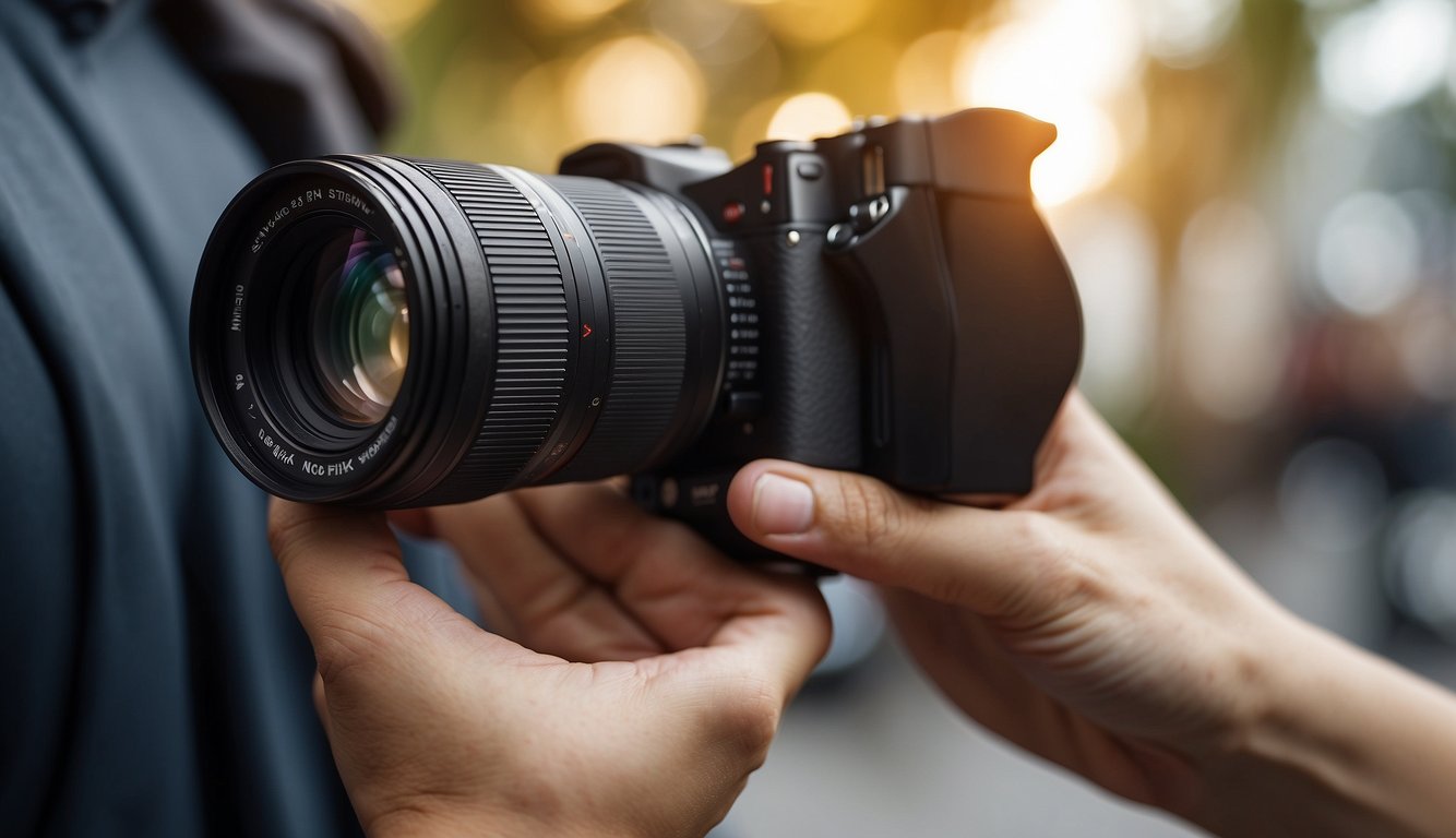 A hand holding a camera, wiping the lens with a microfiber cloth, adjusting the settings and checking the battery level