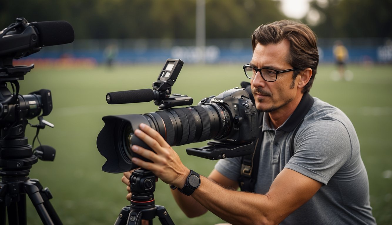 A photographer adjusts settings on a professional camera, preparing to capture action on the sports field