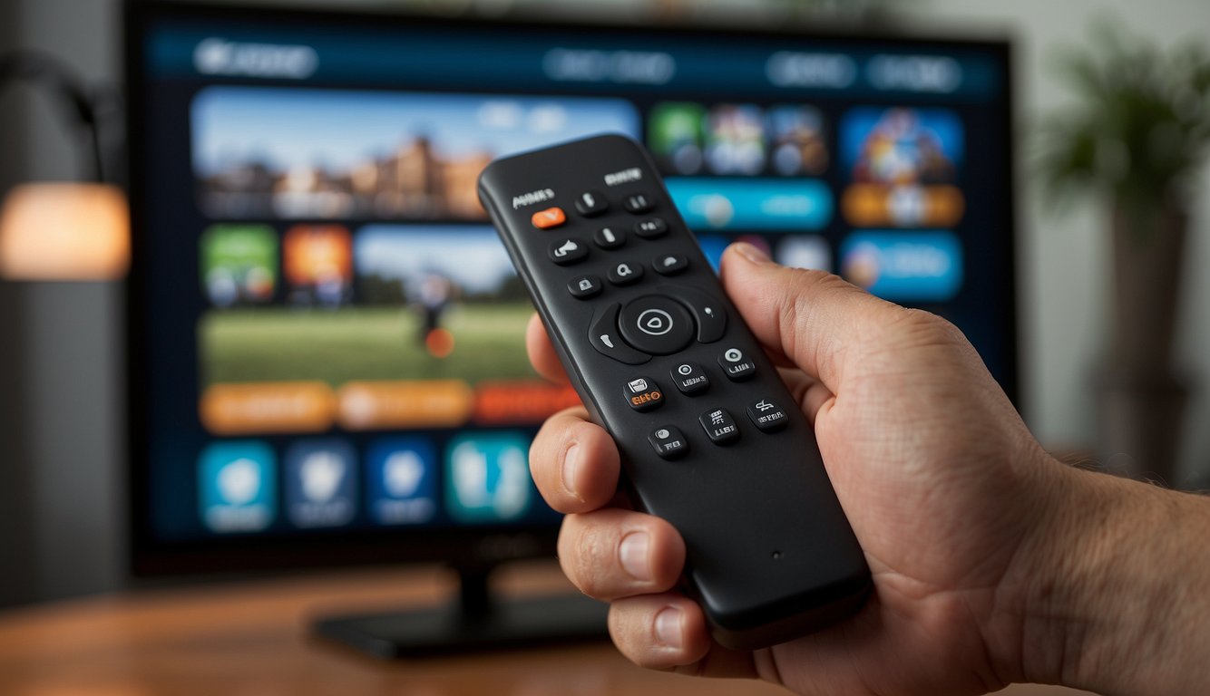 A hand holding a Firestick remote points to the "Search" bar on the home screen. The search term "Lepto Sports" is typed in, and the app icon is selected to begin the installation process