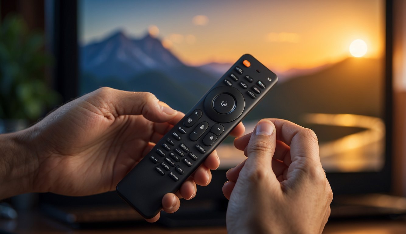 A hand holding a Firestick remote, navigating to the Lepto Sports APK. On-screen instructions show how to install the app on the Firestick