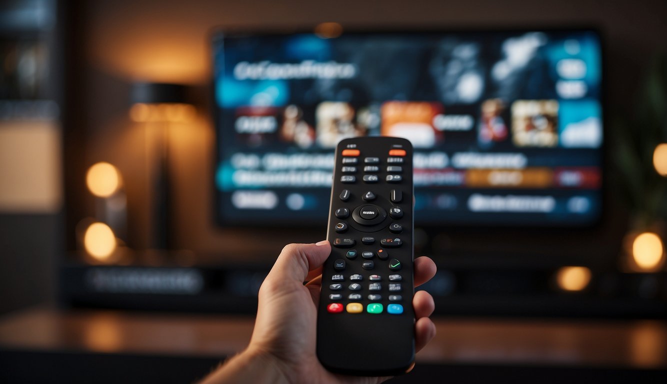 A hand holding a firestick remote, navigating and streaming Lepto Sports app on a TV screen