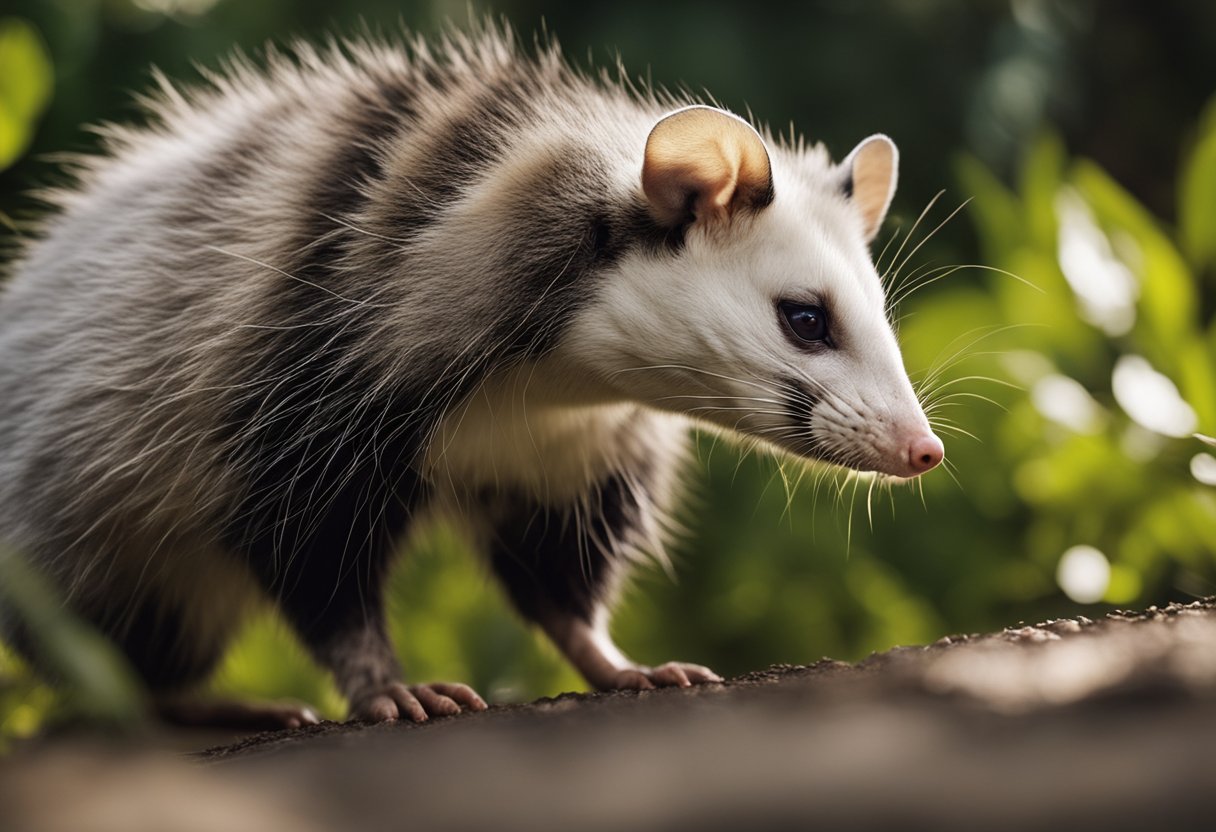 An opossum cautiously approaches a rabid animal, sniffing and observing its behavior