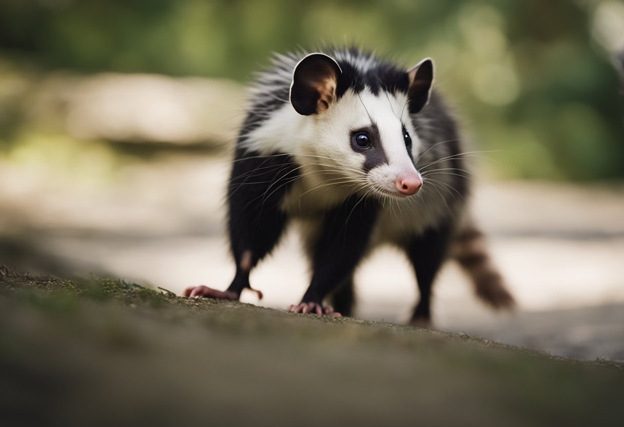 An opossum cautiously approaches a rabid animal, showing signs of aggression and disorientation