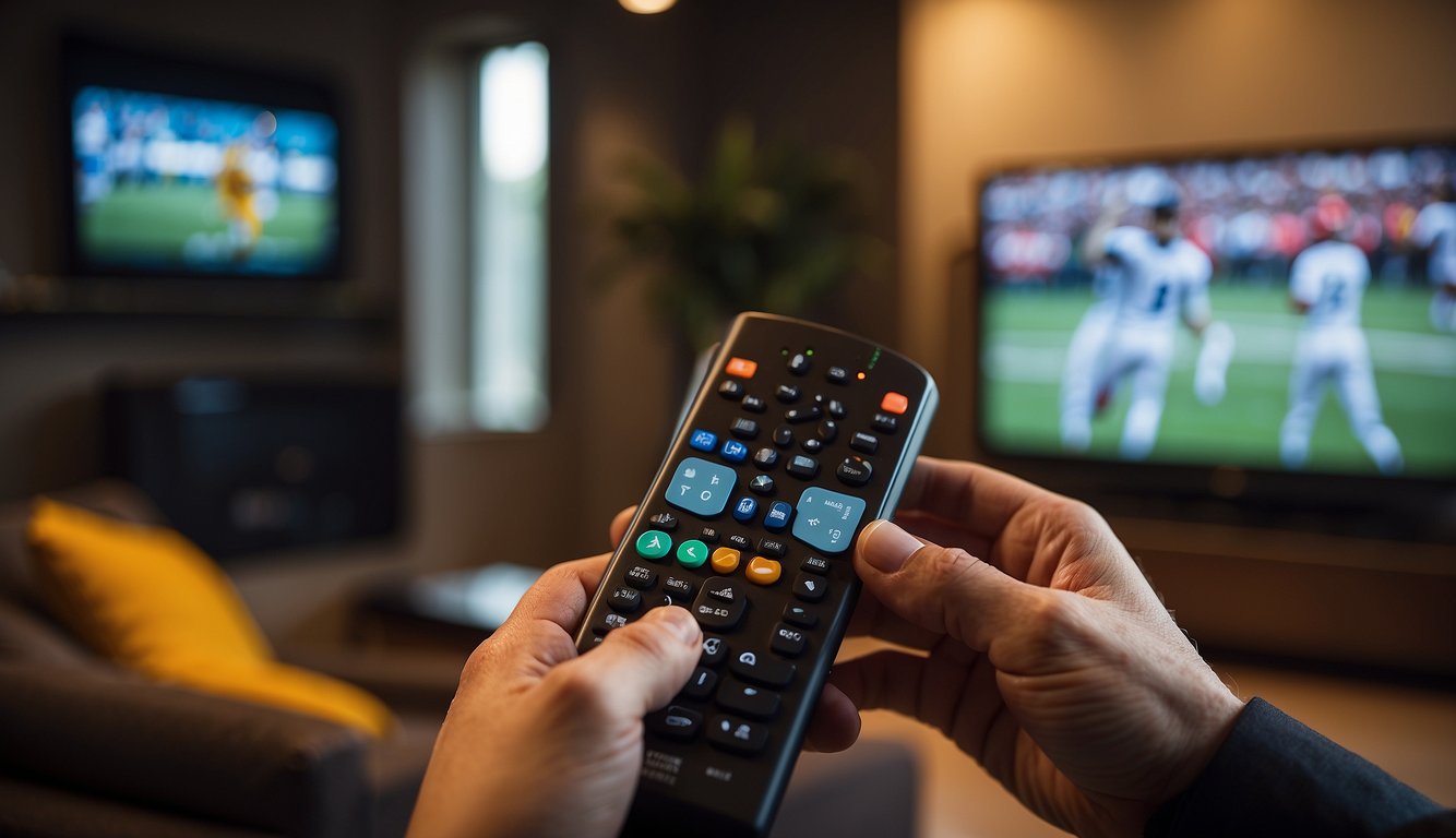 A hand holding a firestick remote, navigating to the Lepto Sports app. A TV screen displays a live sports event, free from ads