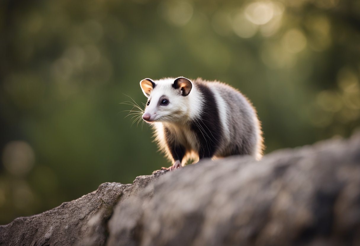 An opossum stands alert, ears perked, as it sniffs the air for potential threats. Its sharp eyes scan the surroundings, ready to defend itself