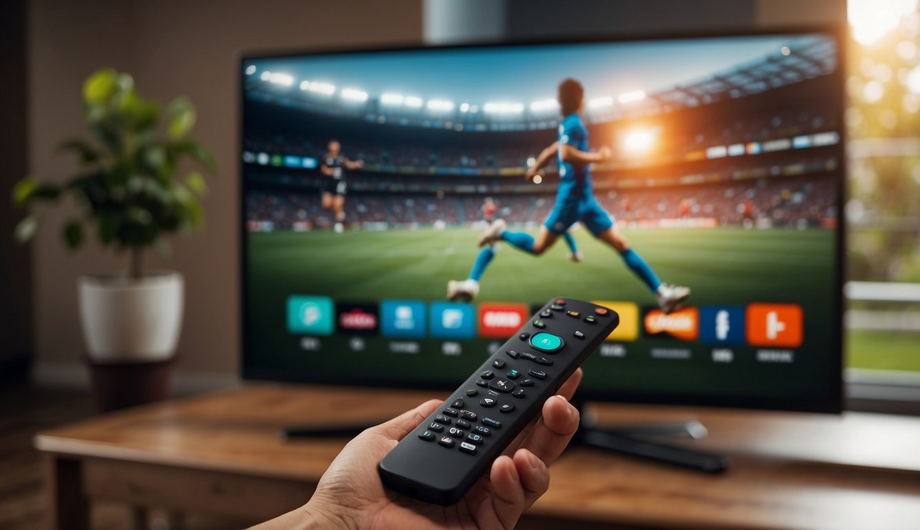 A hand reaches for a Firestick remote, navigating to the Lepto Sports app. The TV screen displays various alternative sports streaming options