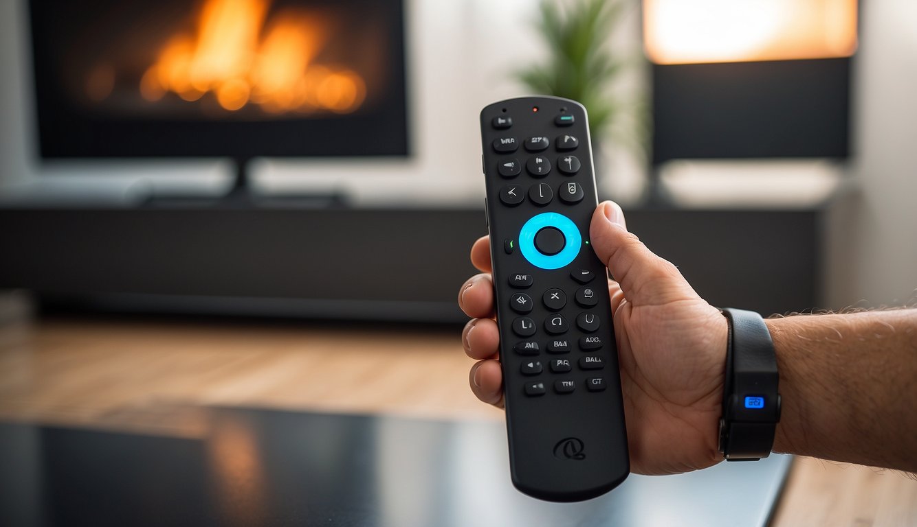 A hand reaches for the Firestick remote, navigating to the app store. Lepto Sports is selected and installed, updating automatically