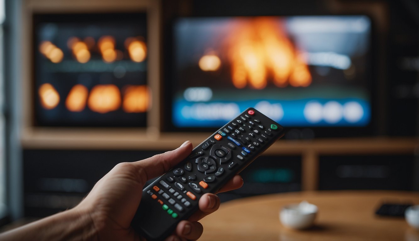 A hand holding a firestick remote points to the TV screen showing the Lepto Sports installation process with expert tips and tricks