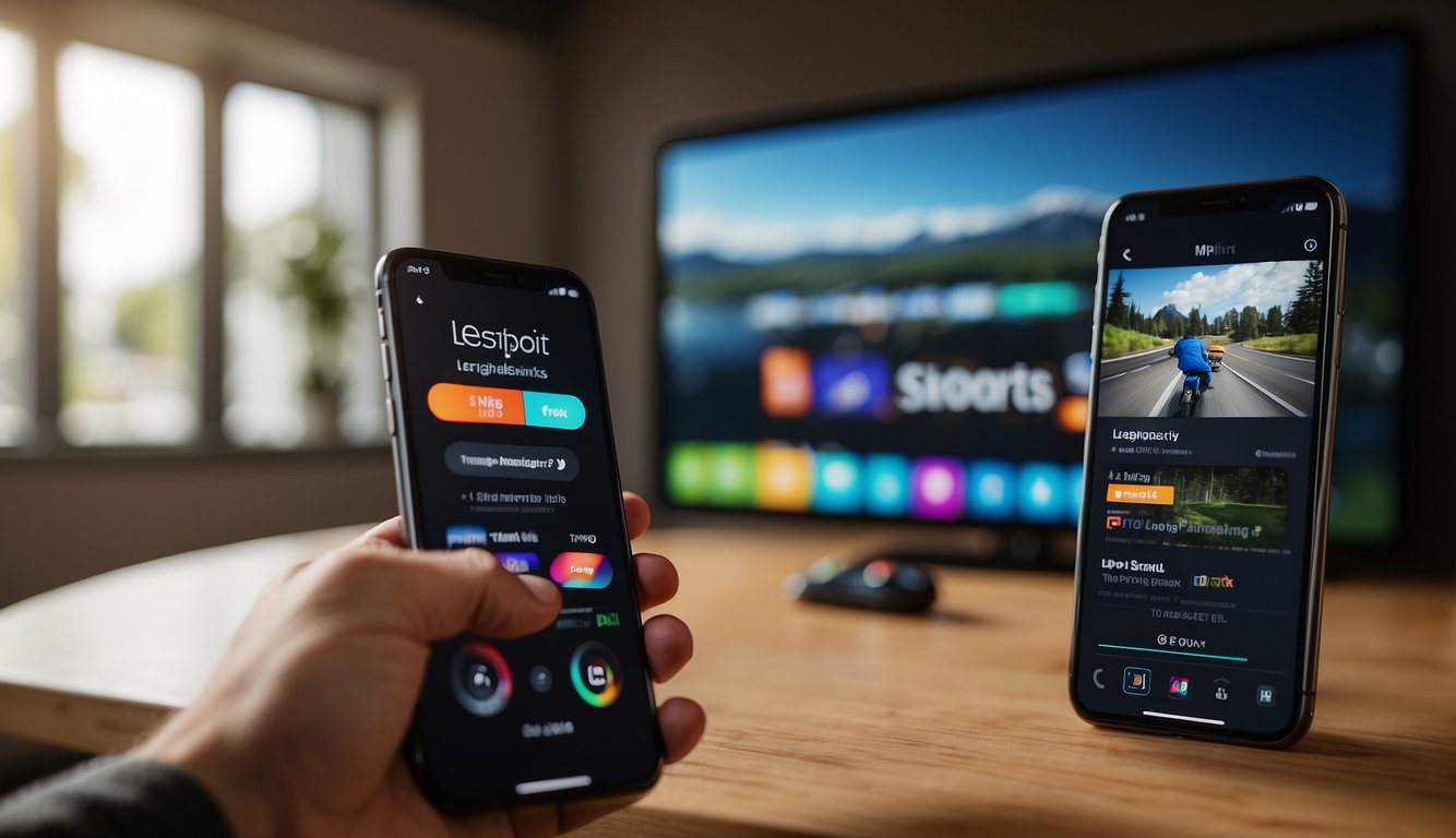 A hand holding a firestick remote, with a screen showing the "Lepto Sports" app being installed. Legal documents in the background