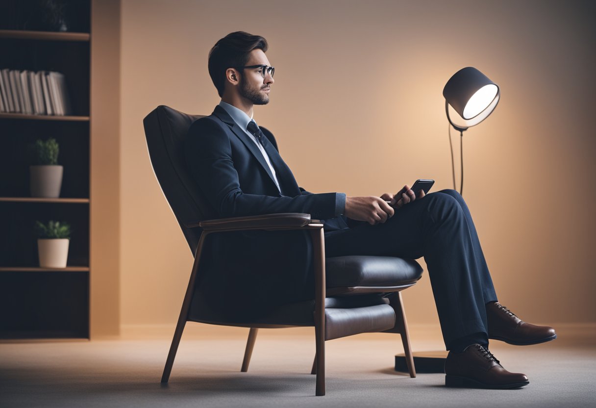 A person sitting comfortably in a chair, with a small device attached to their back, showing a sense of relief and relaxation