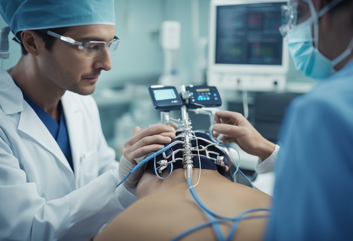 A surgeon positions the nevro spinal cord stimulator above the patient's spinal cord, carefully implanting it into the designated area