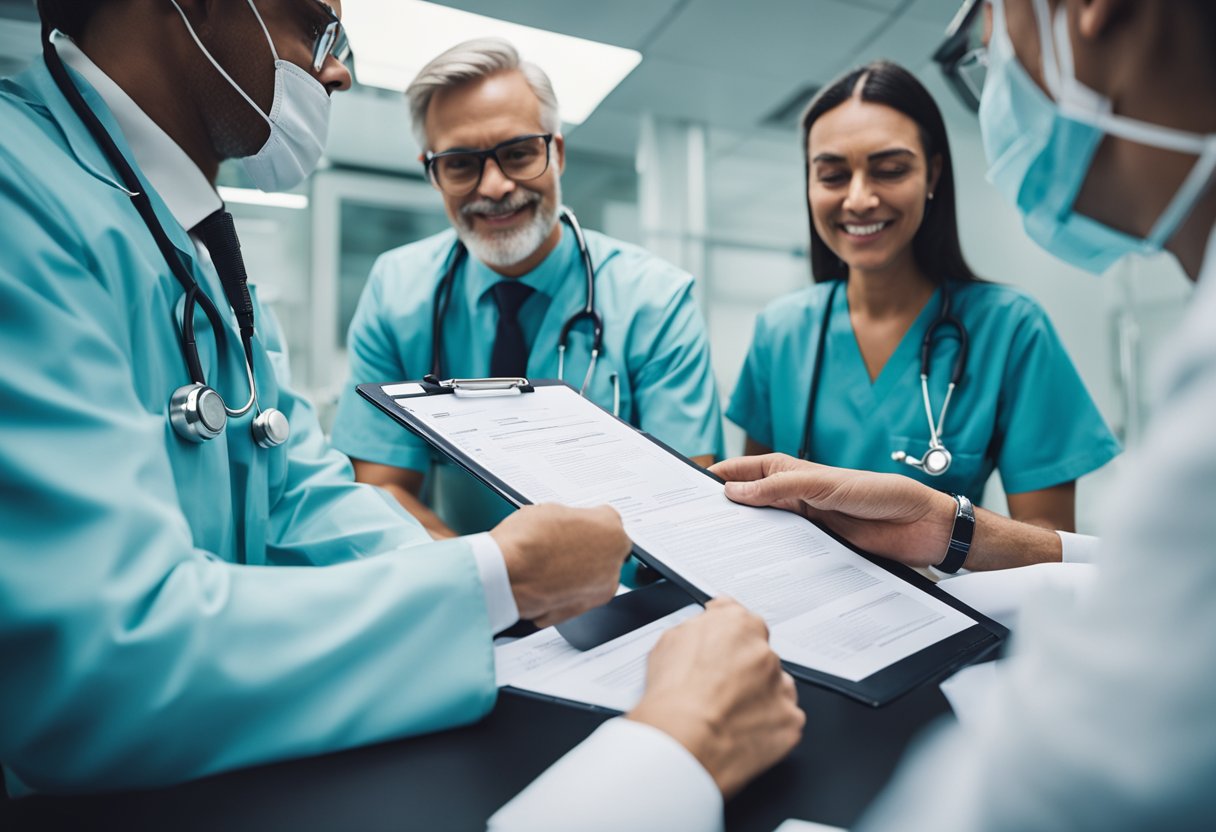 A group of doctors reviewing patient files for spinal cord stimulator eligibility