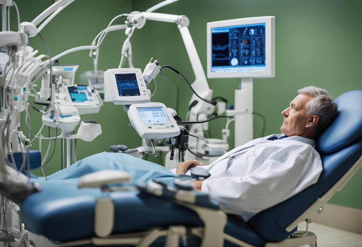 A patient reclines in a comfortable chair, surrounded by medical professionals. A nevro spinal cord stimulator device is visible, with wires leading to the patient's back