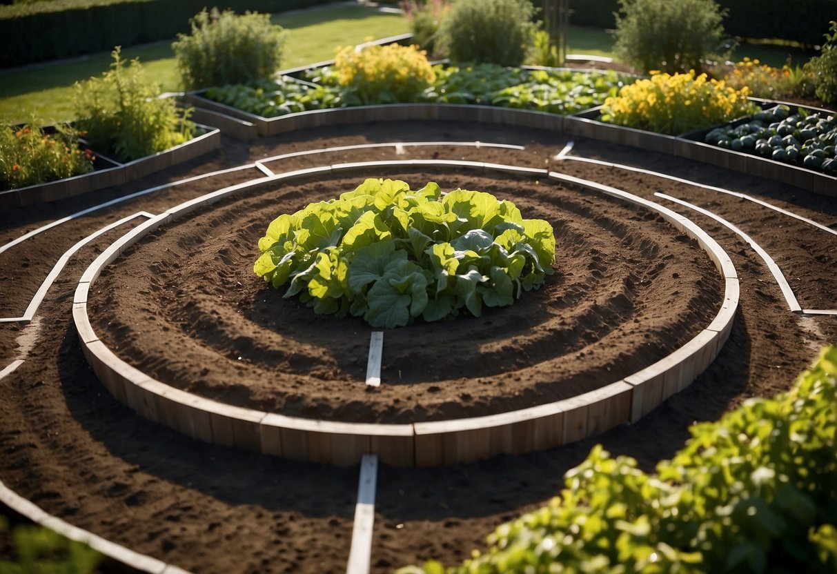 A garden plot with various vegetable crops arranged in a rotating pattern, with clear signage indicating the different planting areas