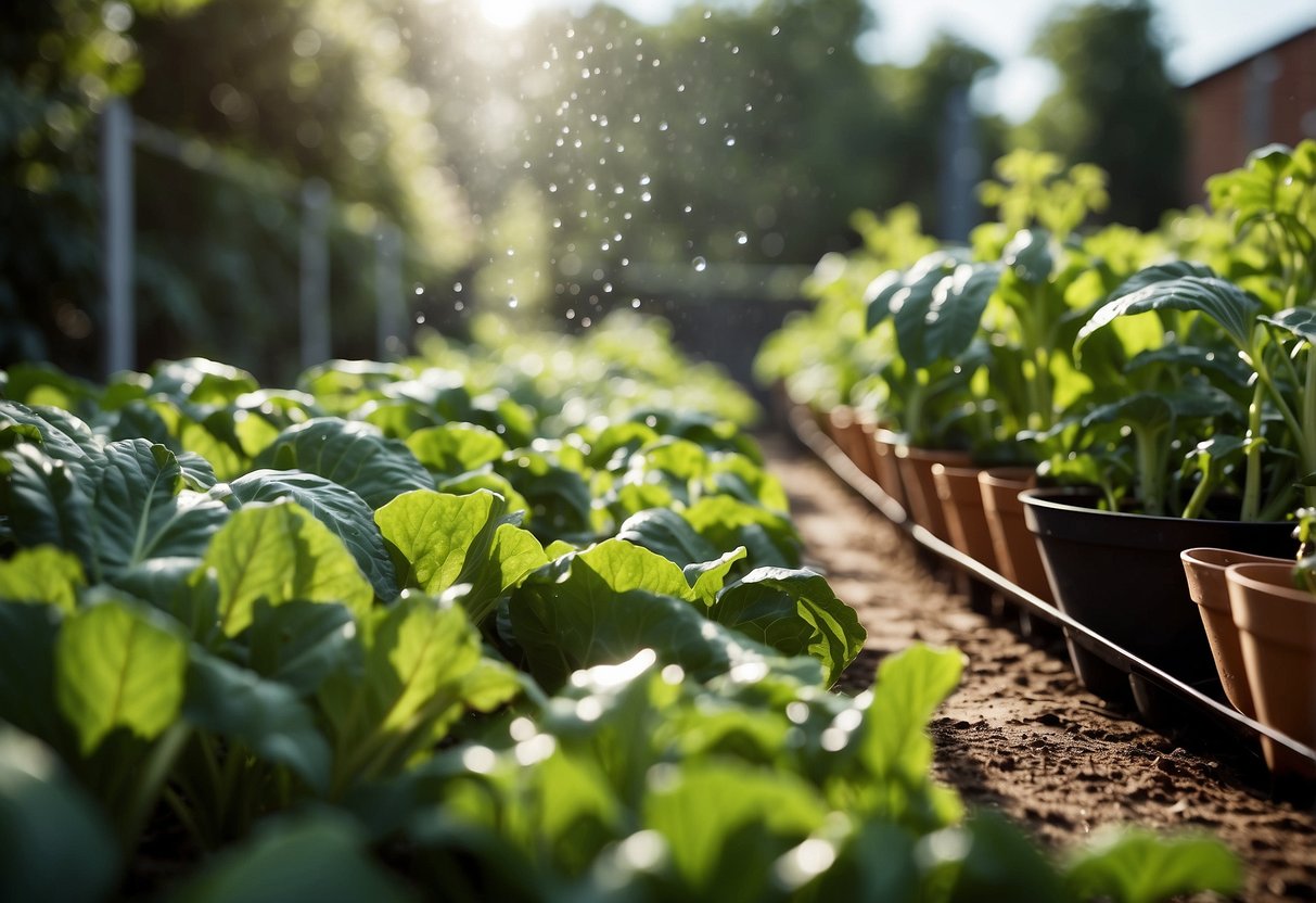 Lush green garden with rows of vibrant vegetables, water droplets glistening on leaves, and a watering can nearby