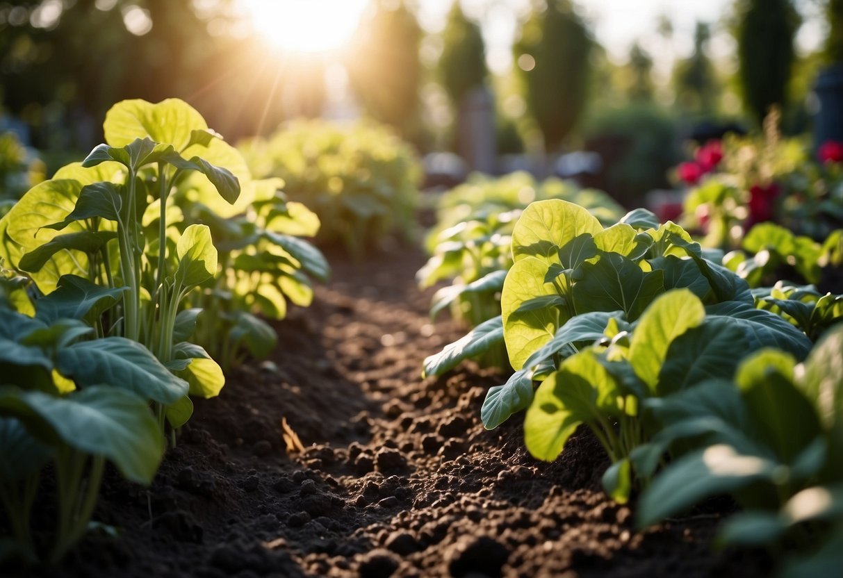 A lush vegetable garden with rows of vibrant, healthy plants surrounded by bags of organic fertilizer. Sunlight filters through the leaves, highlighting the natural, sustainable approach to gardening