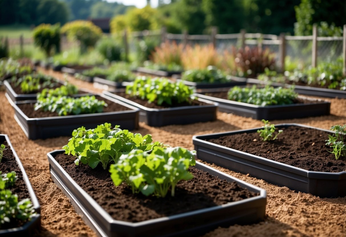 Lush garden with raised beds, rich soil, and neatly placed mulch. Vegetables thriving under the care of a gardener following 10 mulching tips