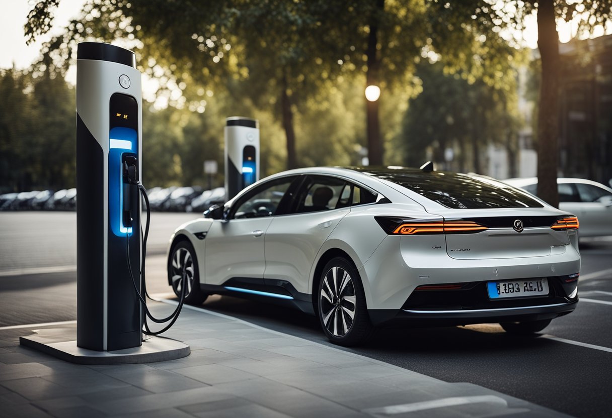 An electric car parked at a charging station, with safety precautions in place during the charging process