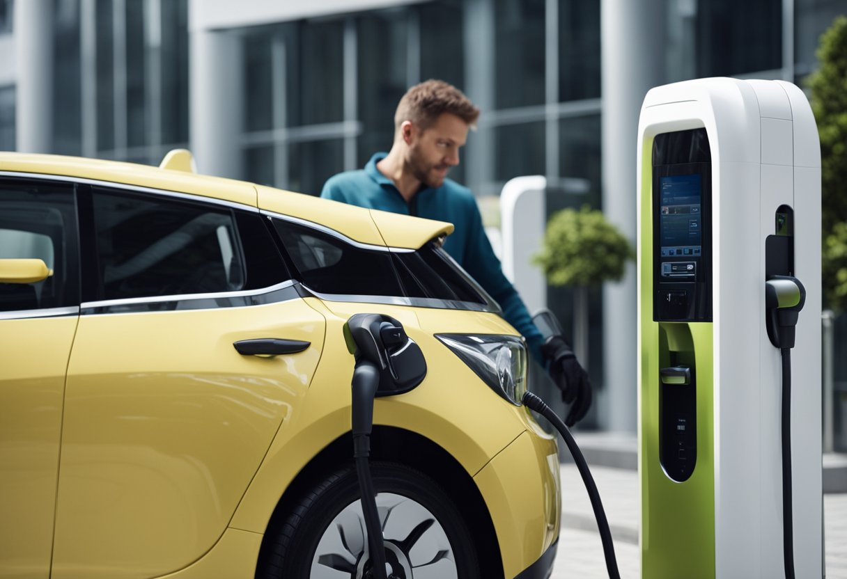 An electric car parked at a charging station. A maintenance worker checks the charging equipment