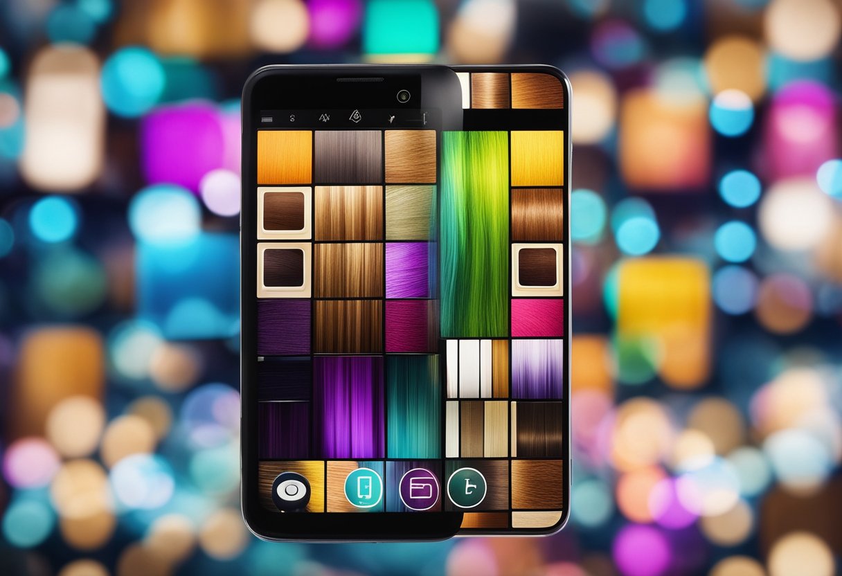 A smartphone displaying various hair color changing apps with vibrant and diverse color options