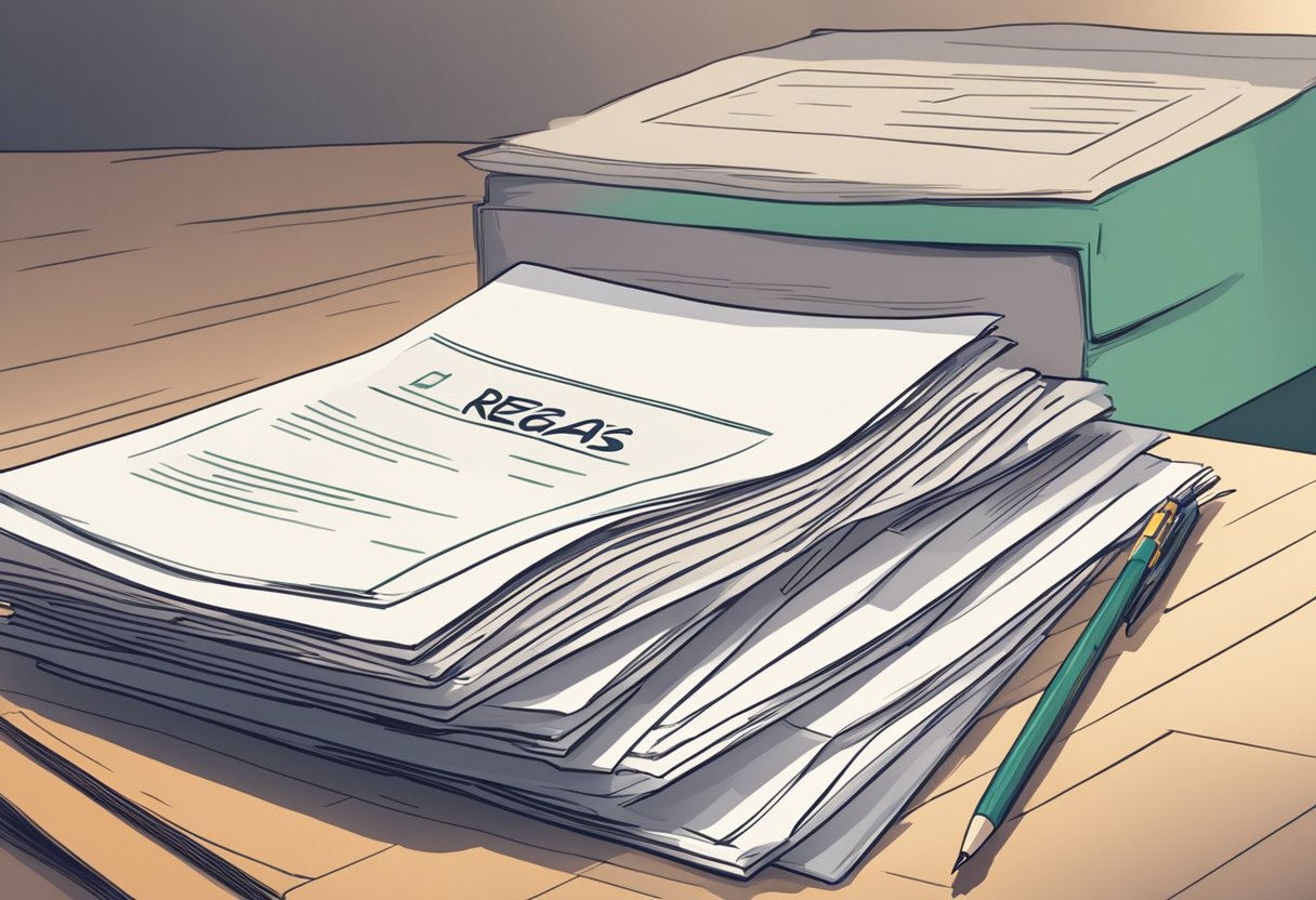 A stack of legal documents with the title "IN 128/2022 regras direito previdenciário" prominently displayed