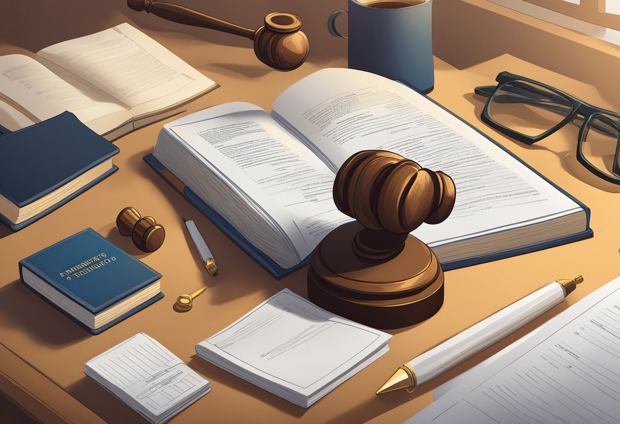 A book titled "Fundamentos do Direito Previdenciário" with IN 128/2022 rules displayed on a desk, surrounded by legal documents and a gavel