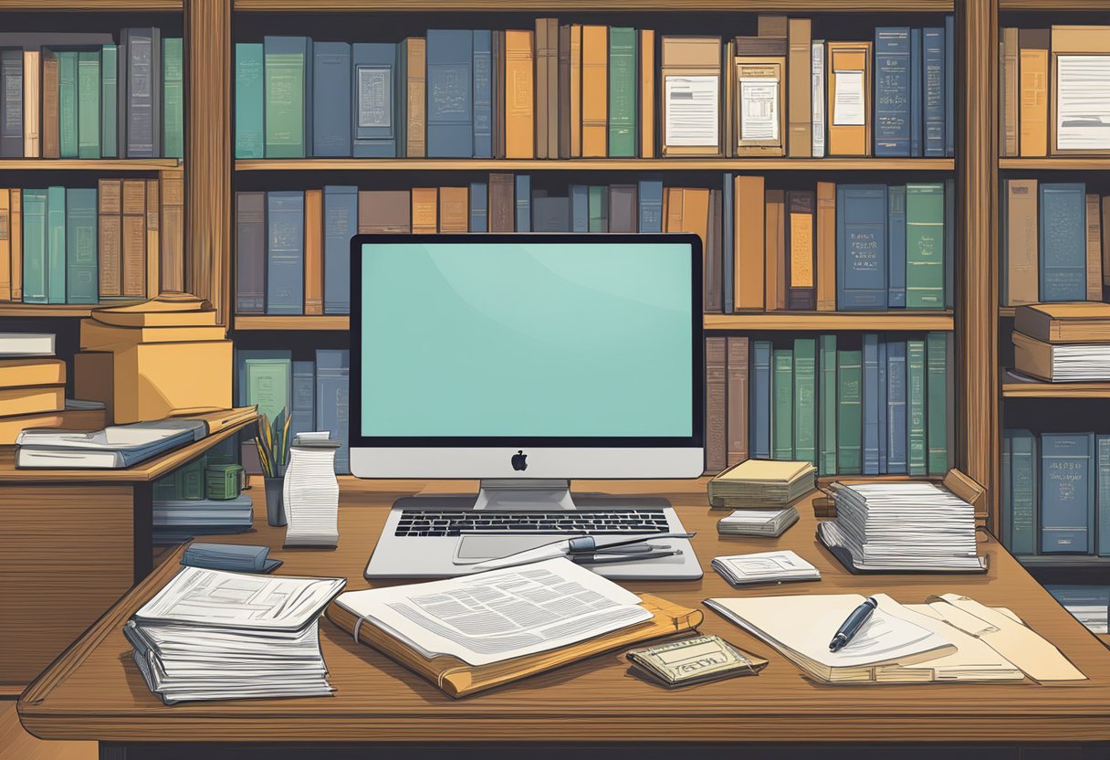 A desk with paperwork, a computer, and a stack of files. A bookshelf with legal texts on social security law