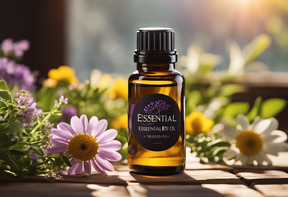 A bottle of essential oil stands on a wooden table, surrounded by colorful flowers and herbs. The sunlight filters through the window, casting a warm glow on the scene