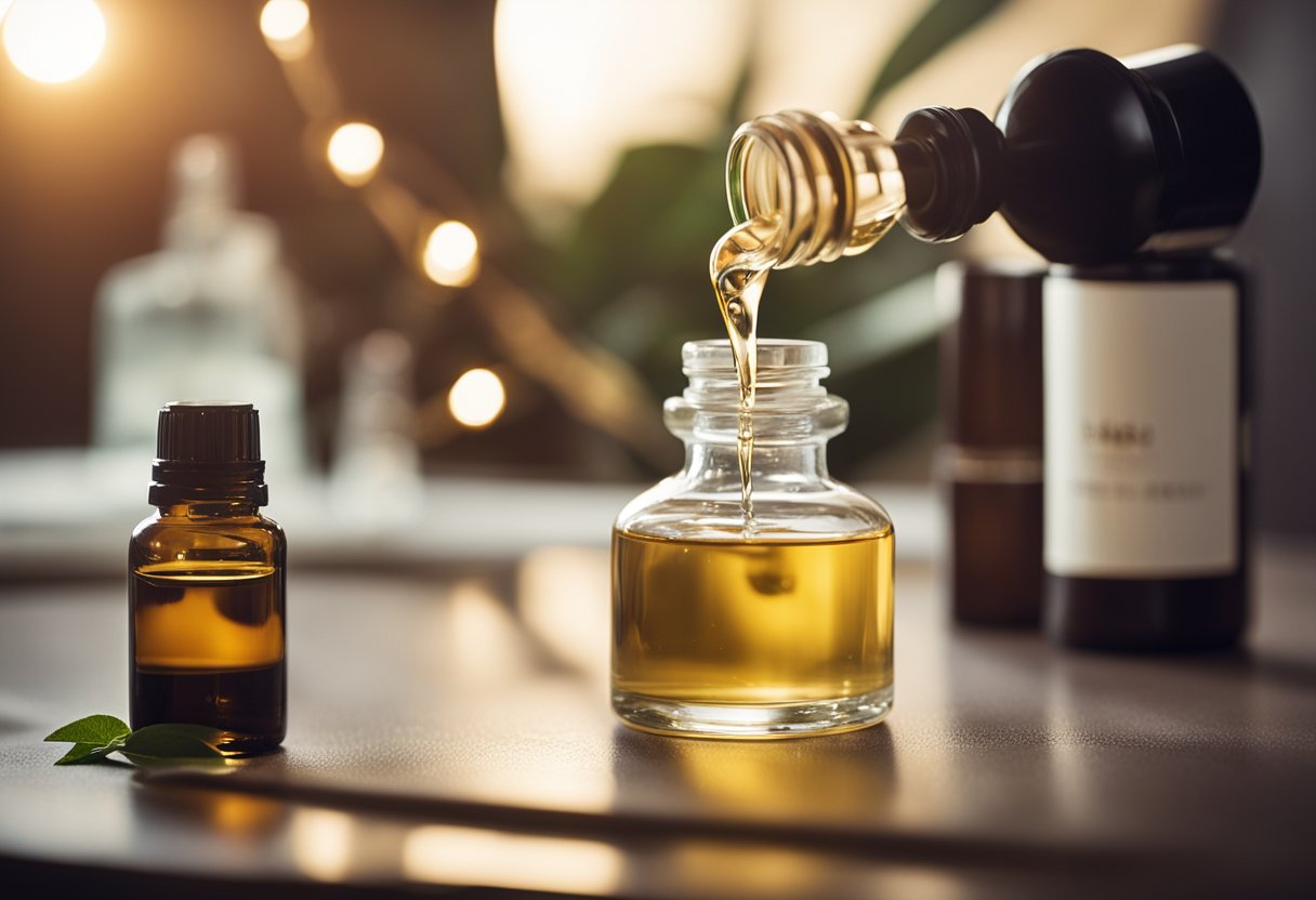 A bottle of essential oil being poured into a hair treatment product, with hair strands and a hairbrush in the background