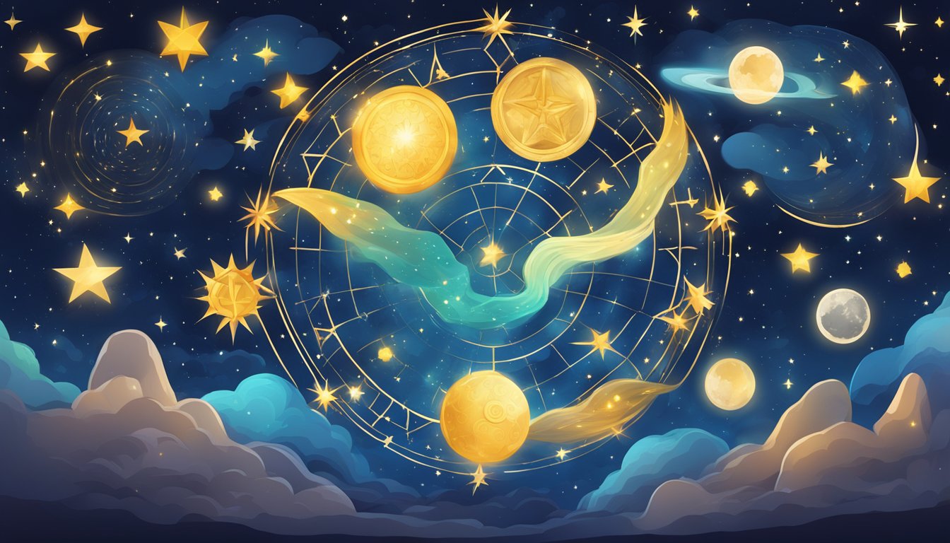 A starry night sky with seven zodiac symbols glowing brightly, each paired with its best match