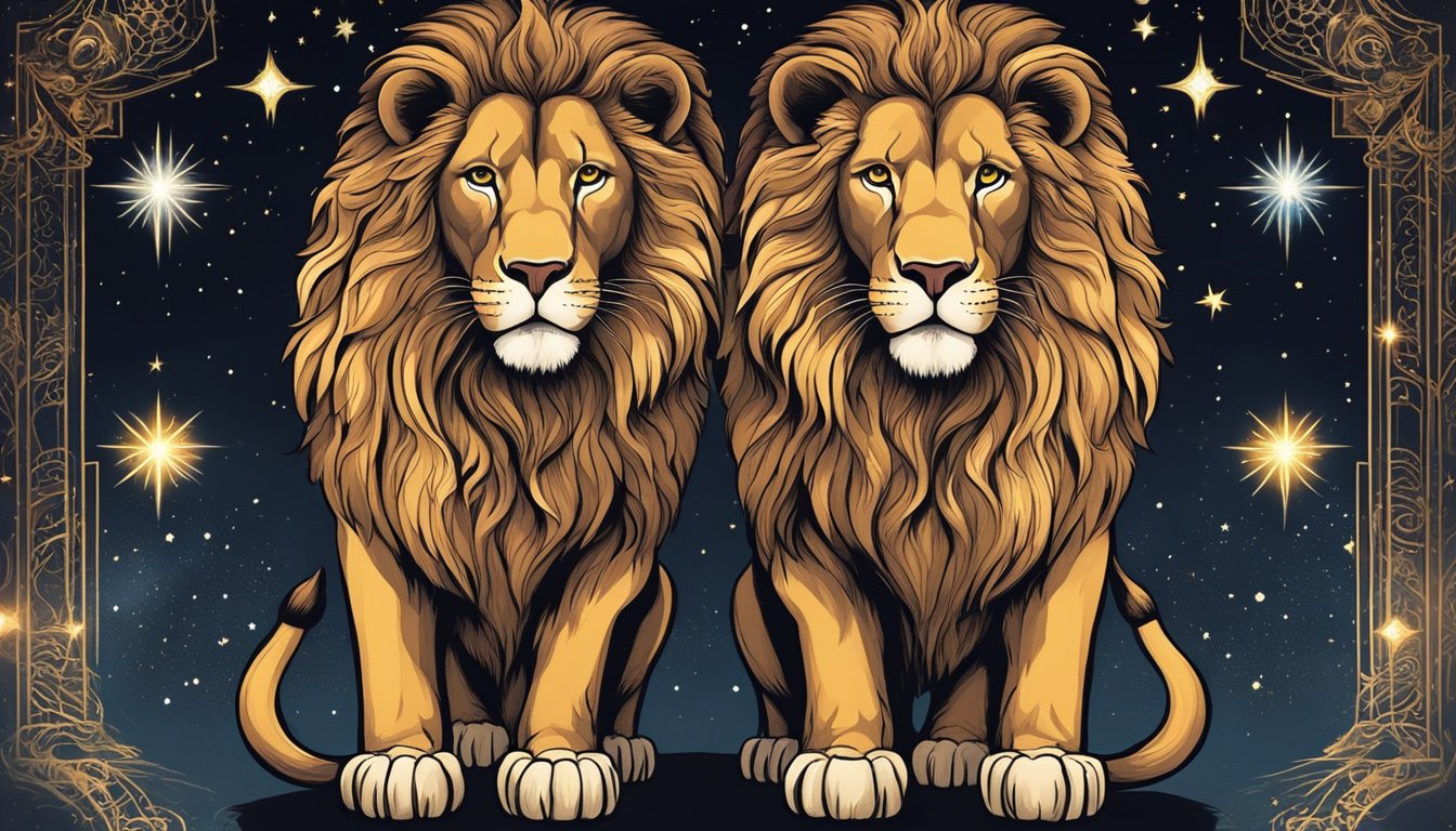 Two majestic lions, one with fiery mane, stand proudly under a starry night sky, surrounded by celestial symbols.</p><p>Aries and Leo lock eyes, feeling an undeniable cosmic connection