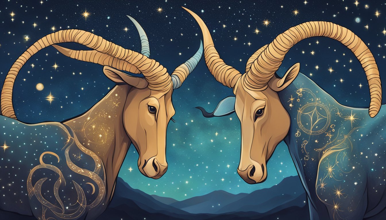 Two zodiac signs, Taurus and Cancer, stand together under a starry sky, feeling a deep connection as they discover their soulmate