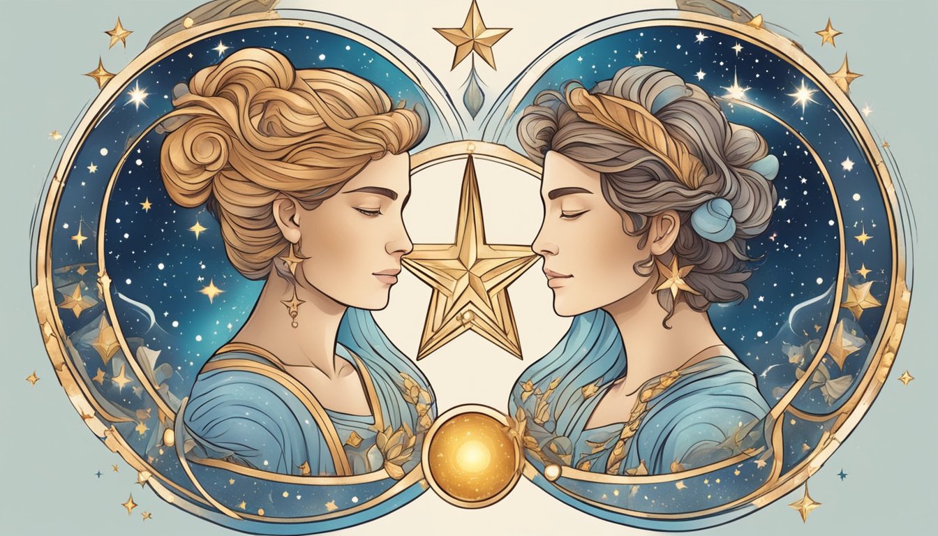 Gemini and Aquarius symbols surrounded by stars and celestial elements, appearing harmonious and connected, representing soulmate compatibility