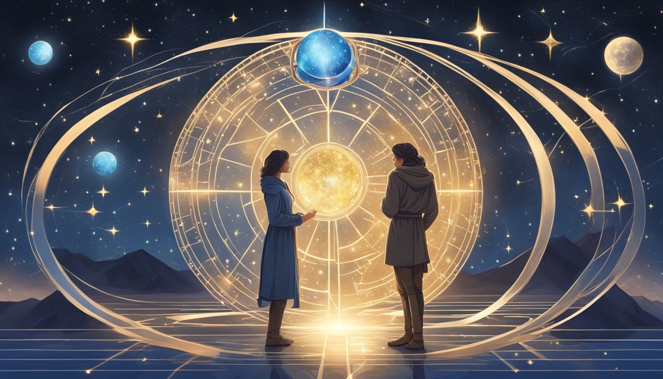 Two figures stand under a starry sky, surrounded by zodiac symbols.</p><p>Leo and Libra gaze at a glowing orb, representing their soulmate connection