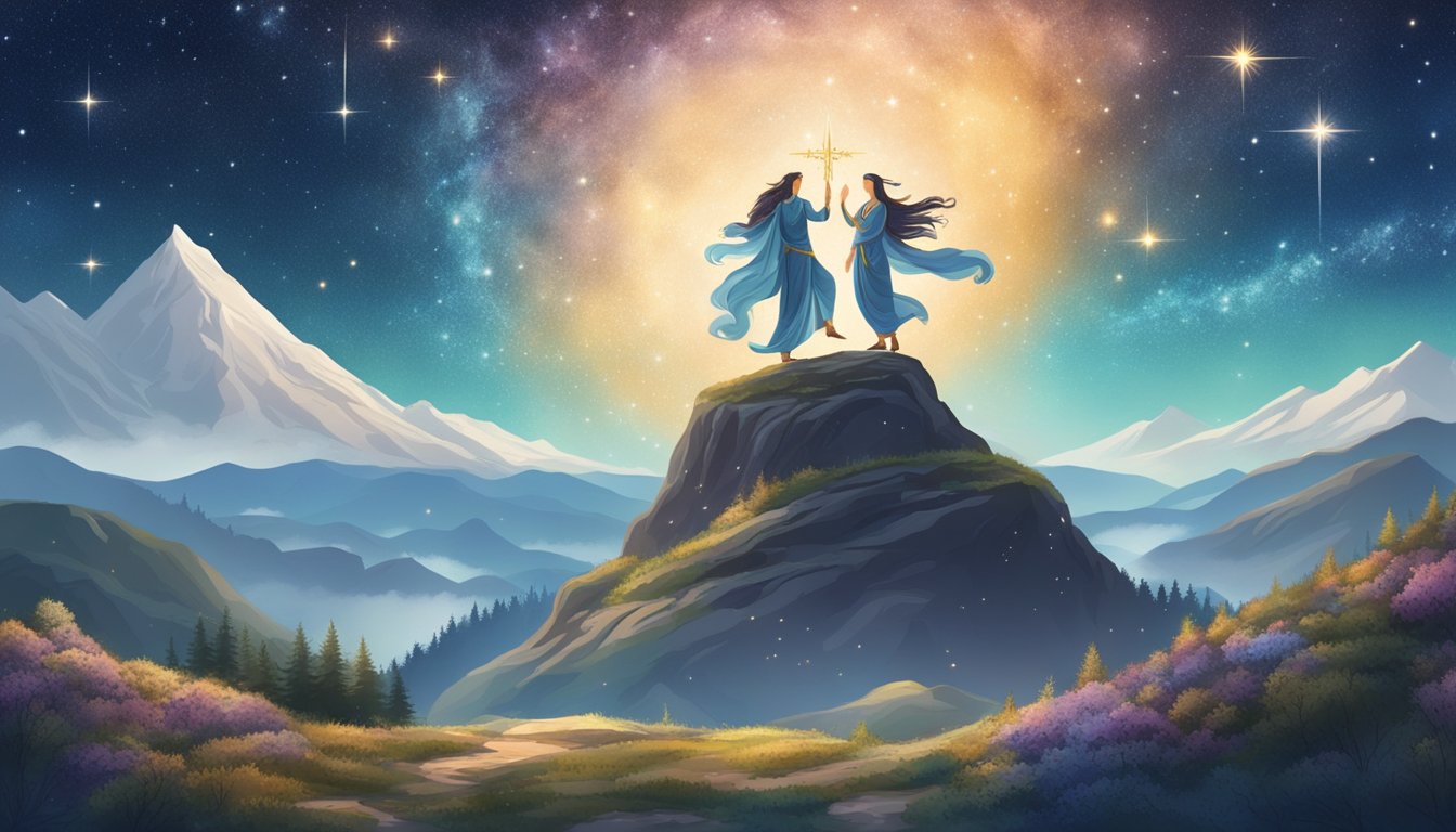 Virgo and Capricorn stand on a mountain peak, surrounded by stars and constellations.</p><p>A cosmic energy connects them, symbolizing their soulmate bond