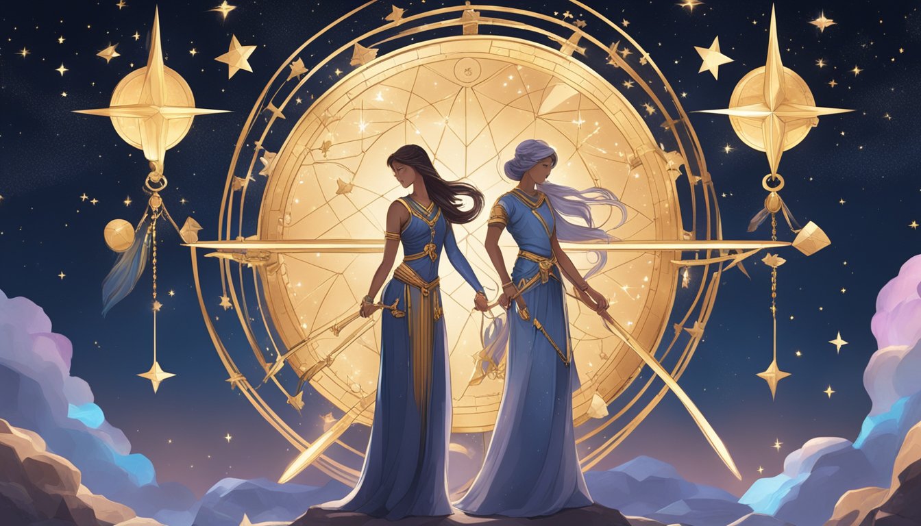 Libra and Sagittarius stand under a starry sky, surrounded by symbols of the zodiac.</p><p>A glowing light reveals their soulmate's sign